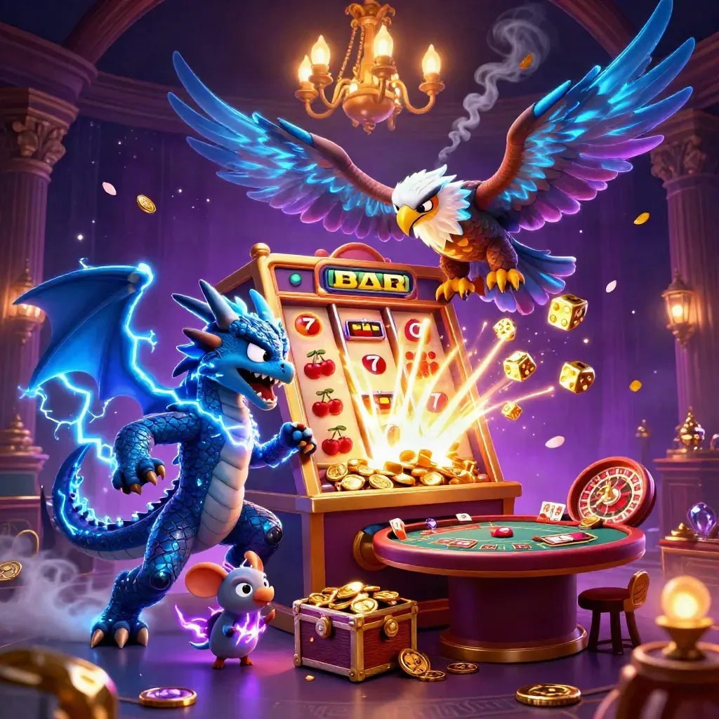 Thunder dragon, wind hawk, and static mouse amid slot burst, gold, and neon casino glow.