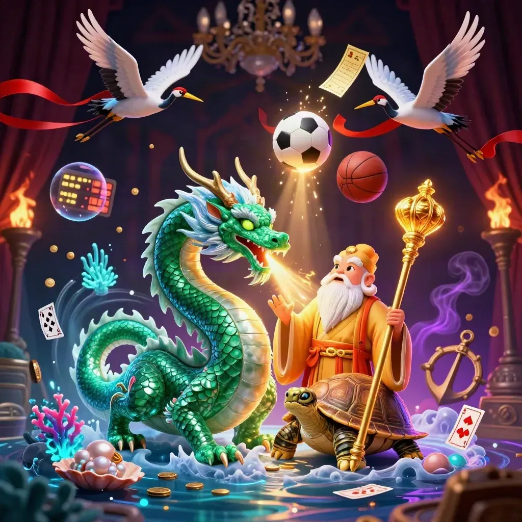Dragon, turtle sage, and cranes amid casino treasure, balls, coins, and glowing lights.