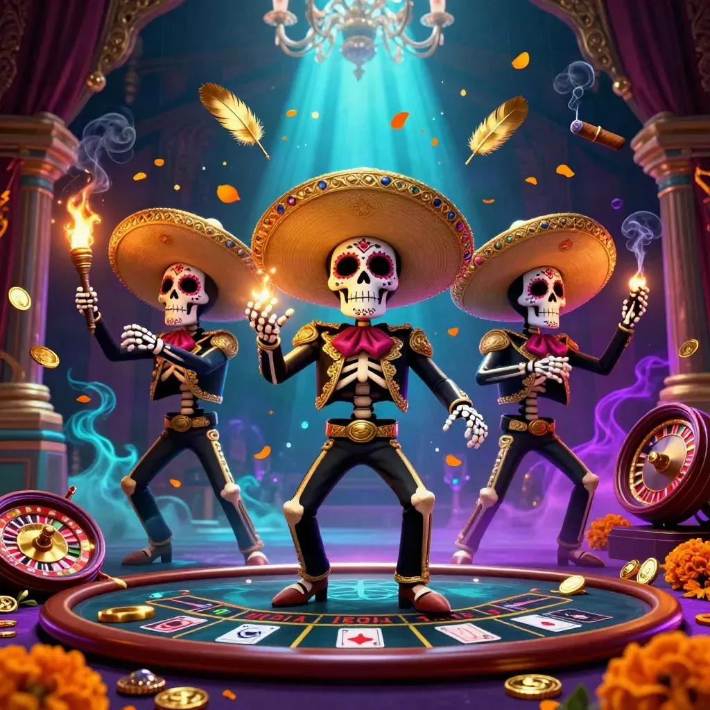 Skeleton mariachi trio in a neon casino room with spinning wheel, gold, and temple glow