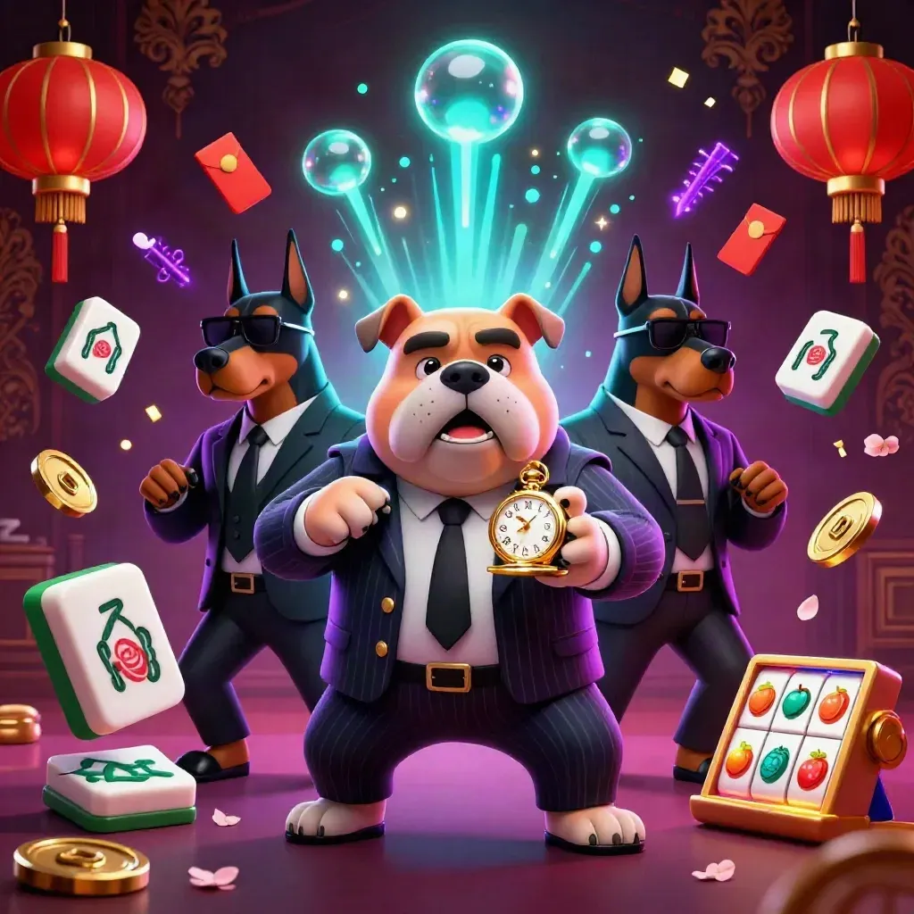 Bulldog mafia boss with two Dobermans amid casino treasures, lanterns, coins, and cyan glow.