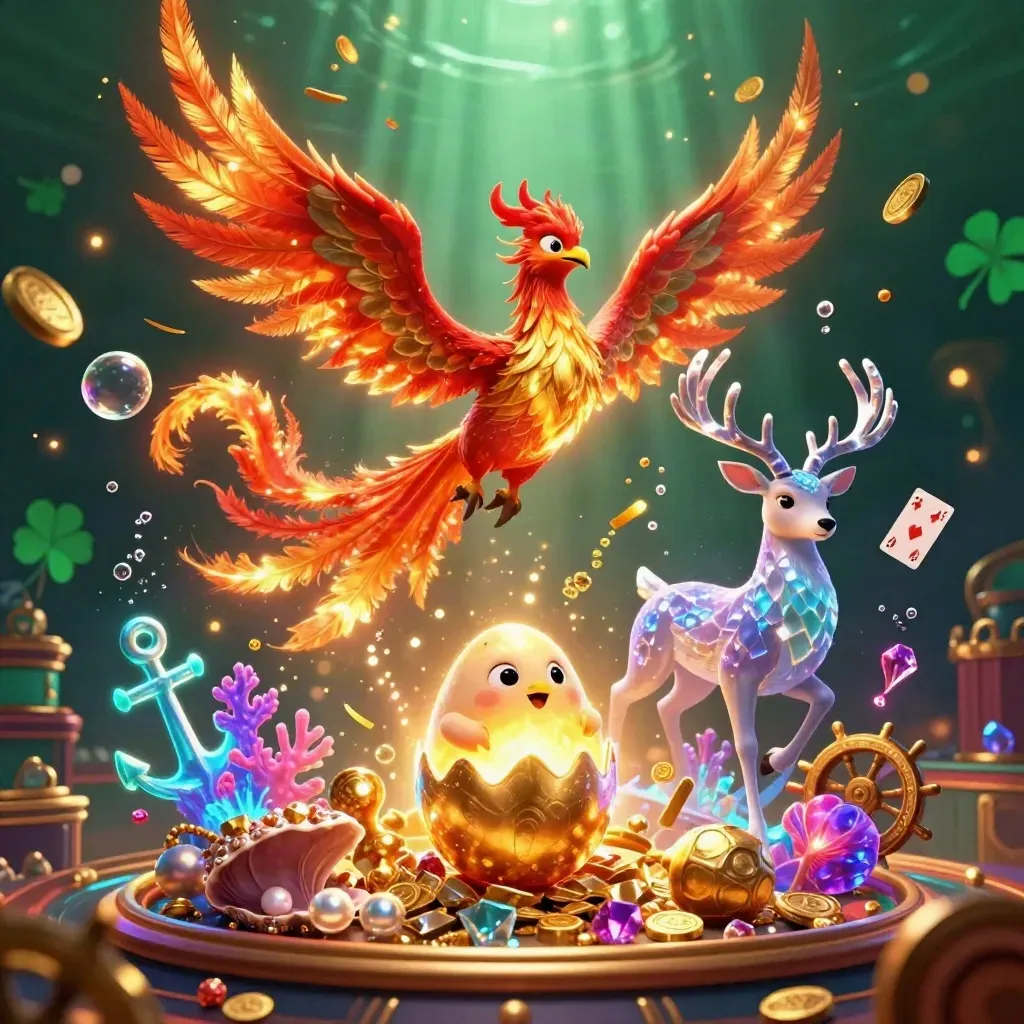 Phoenix, hatchling, and crystal stag amid treasure, coral, coins, and glowing casino fantasy.