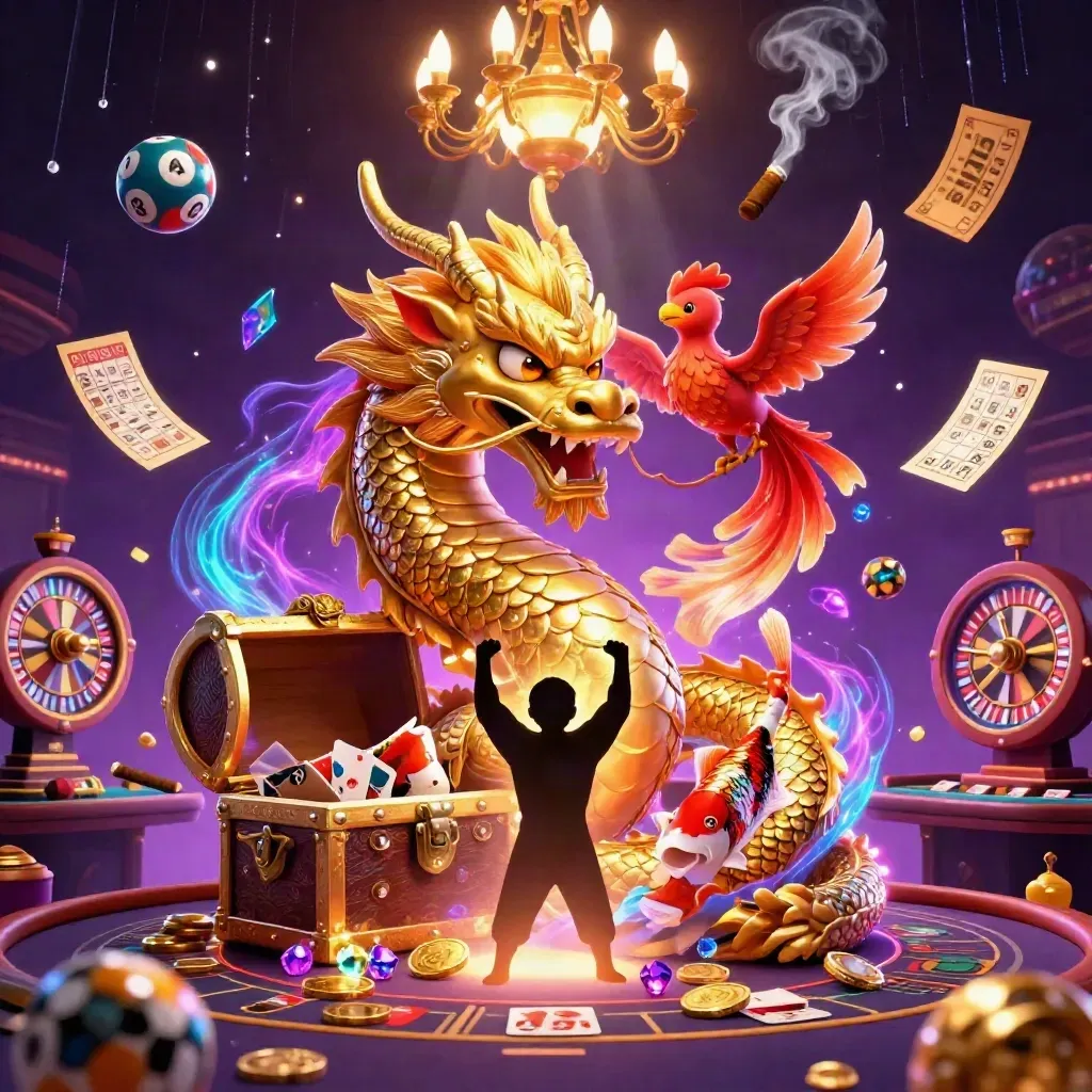 Golden dragon with phoenix and koi amid neon casino magic, coins, wheel, cards, and treasure.