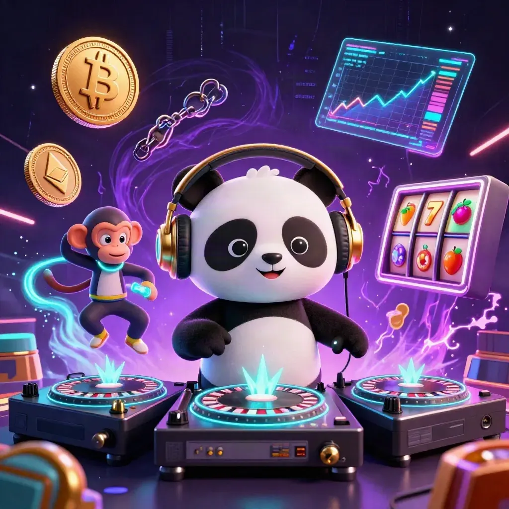 DJ panda, breakdancing monkey, and rave kitten amid neon coins, roulette decks, and violet casino energy.