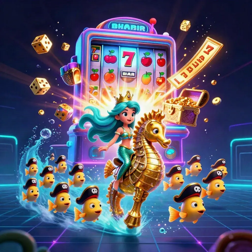 Mermaid princess rides an armored seahorse through a bursting slot machine underwater jackpot scene