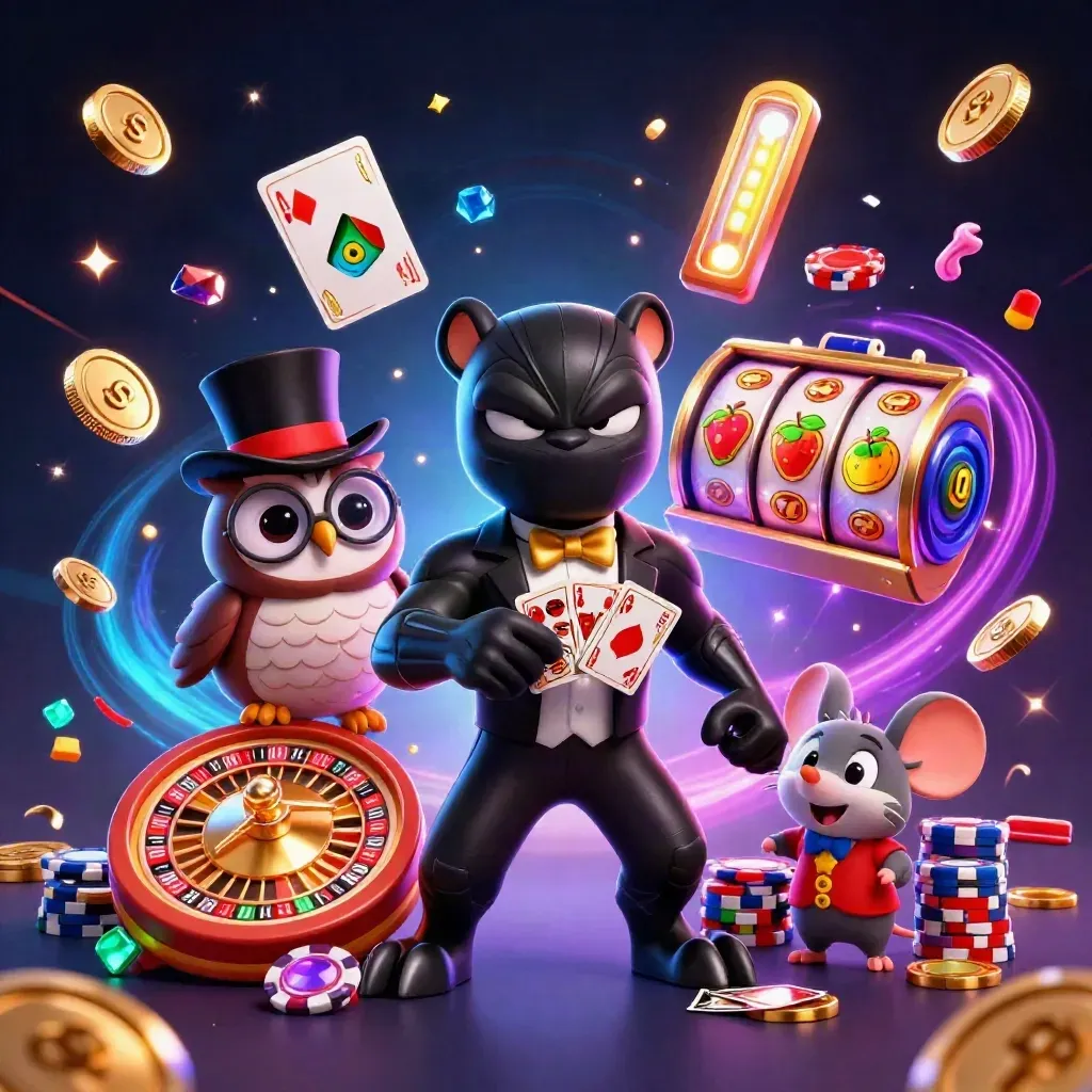 Panther, owl, and mouse casino heroes amid chips, coins, gems, and glowing neon effects.