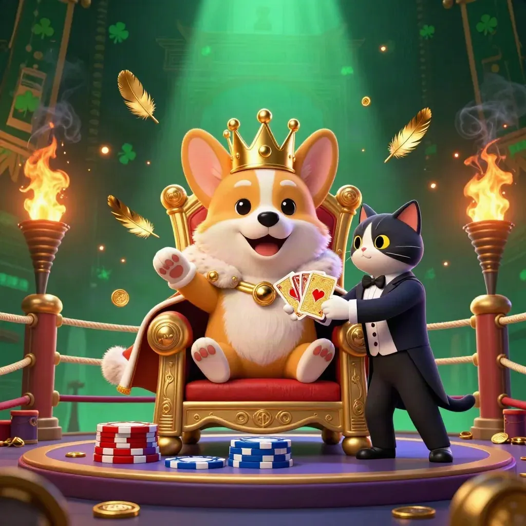 Royal corgi and cat butler on chip throne before a temple gate, glowing with cyan and gold.