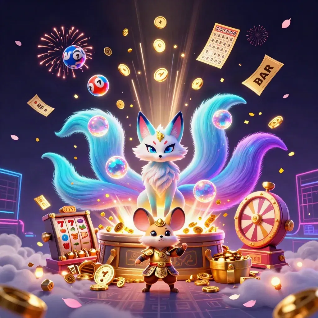 Neon fox spirit and samurai mouse amid casino bursts, coins, reels, and fireworks.