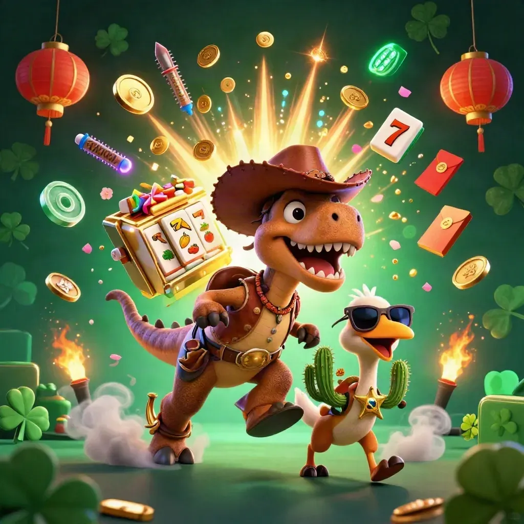 Cartoon cowboy T-Rex, cactus sidekick, and roadrunner amid coins, lanterns, and fireworks.