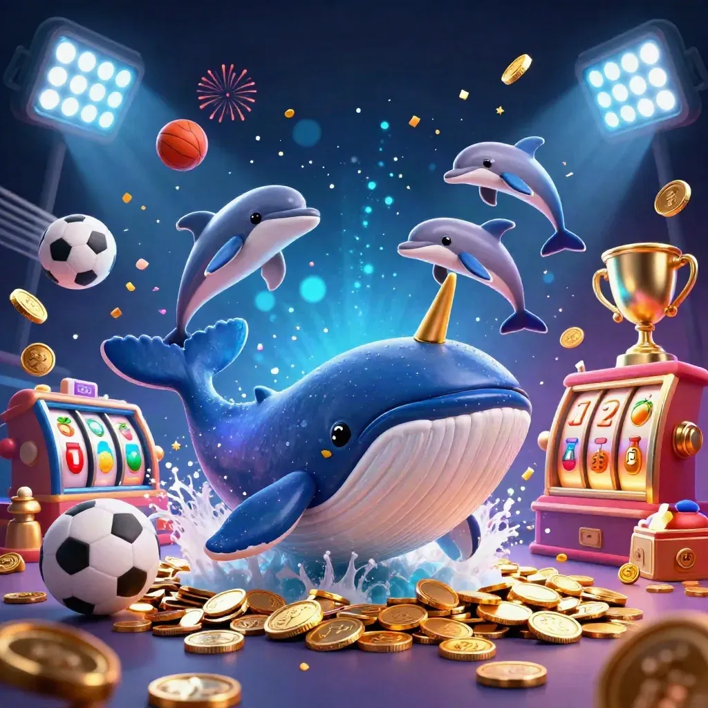 Whale captain, narwhal, and dolphins amid coins, trophies, sports balls, fireworks, and neon casino glow