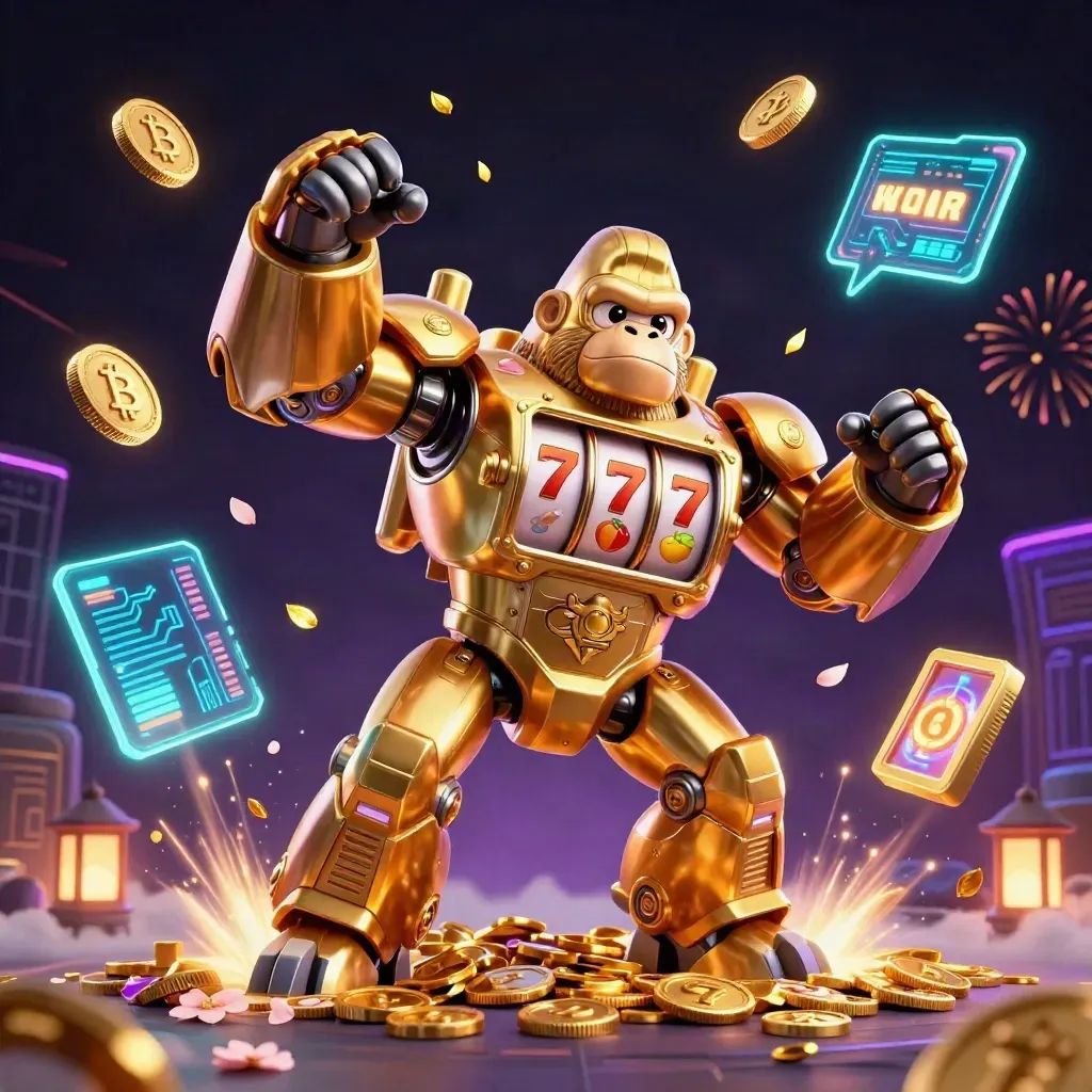 Golden gorilla slot mech with monkey pilot, neon coins, crypto effects, fireworks, and treasure burst.