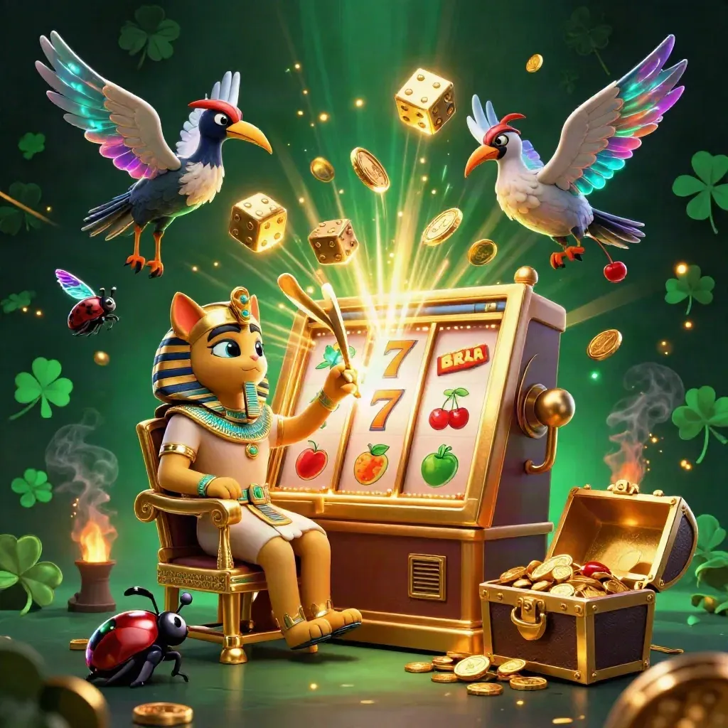 Pharaoh cat, ibis scribe, and gem-winged scarabs amid exploding slots and gold in neon casino glow