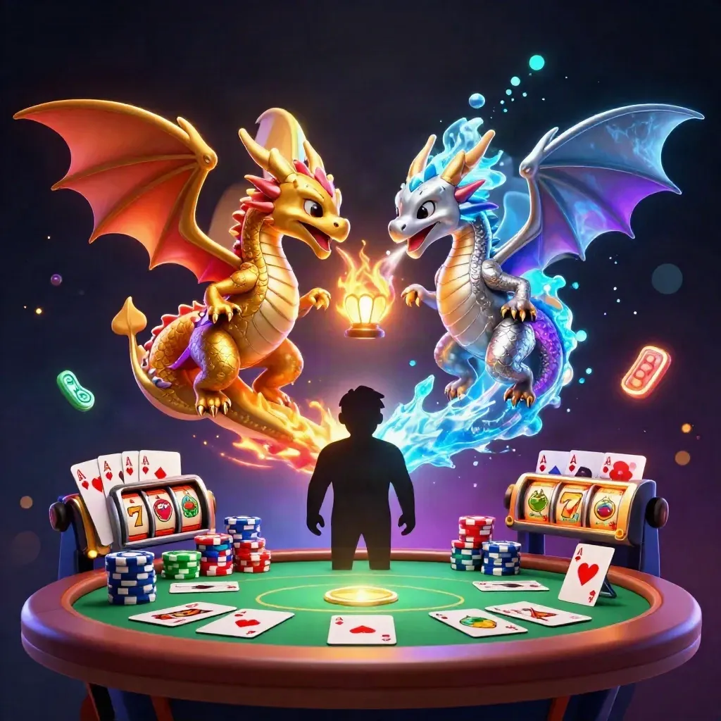 Gold and silver dragons spiral with casino props, chips, reels, and glowing magic.