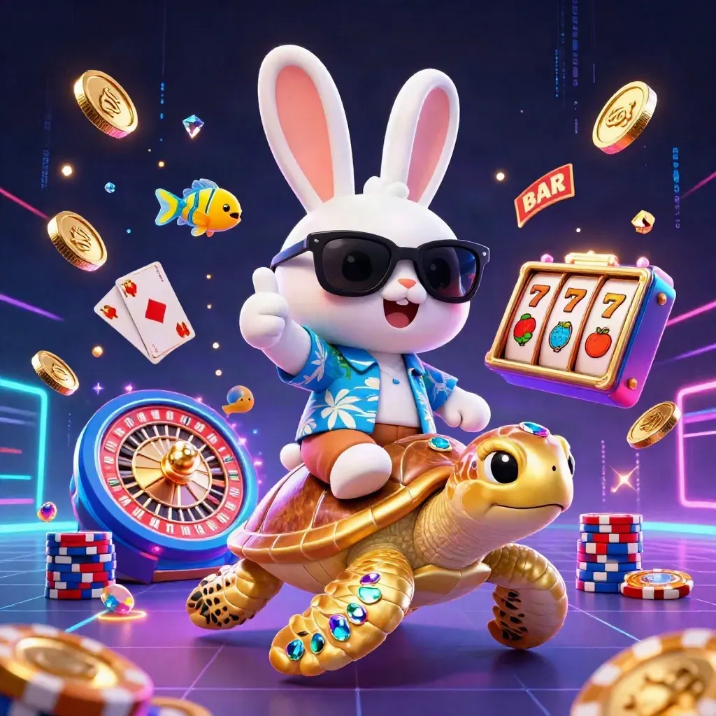 Lucky rabbit on a golden turtle amid coins, gems, roulette, chips, and neon casino effects.