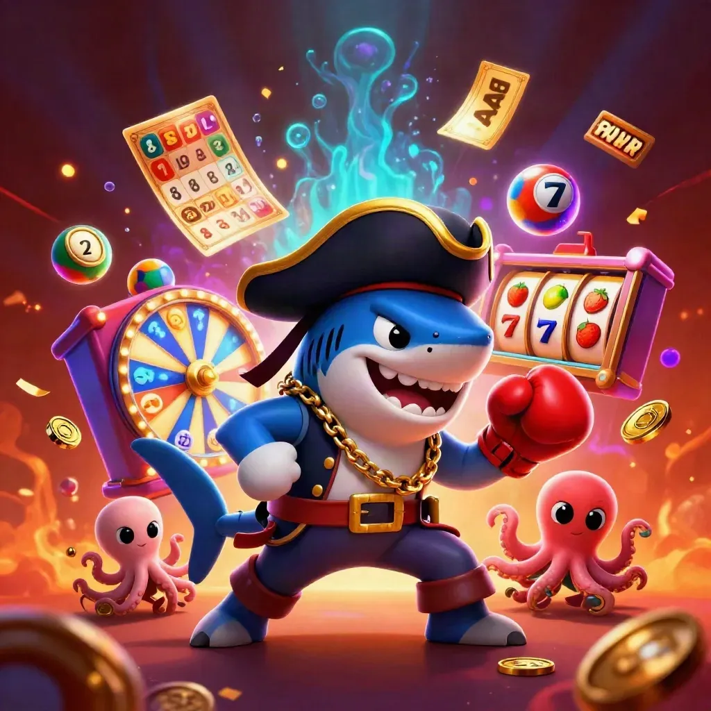Shark captain, boxing pufferfish, and baby octopus amid casino loot and neon glow.