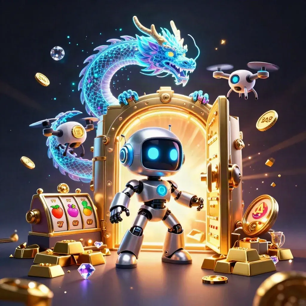 Robot, holographic dragon, and drone by an exploding golden vault with casino symbols and glowing loot.