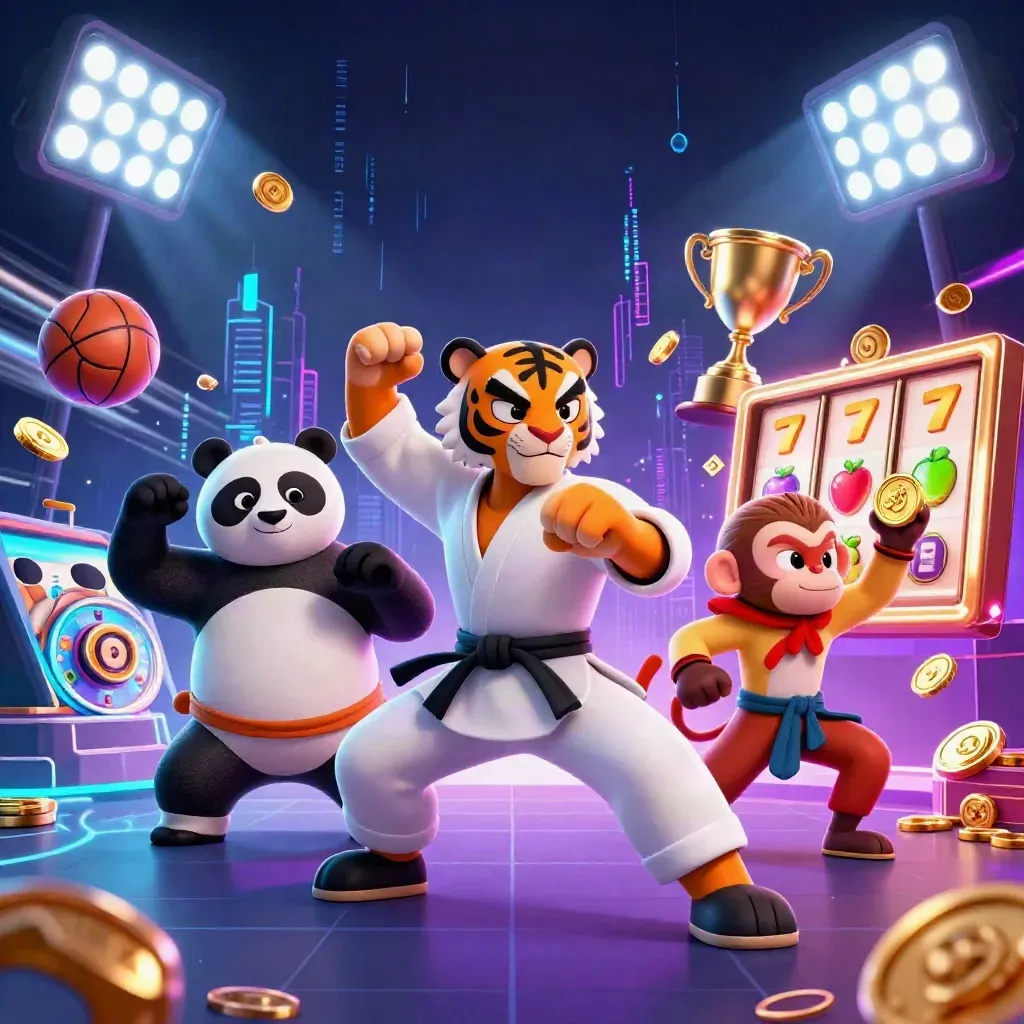 Kung-fu tiger, panda, and monkey amid casino balls, coins, reels, and neon energy