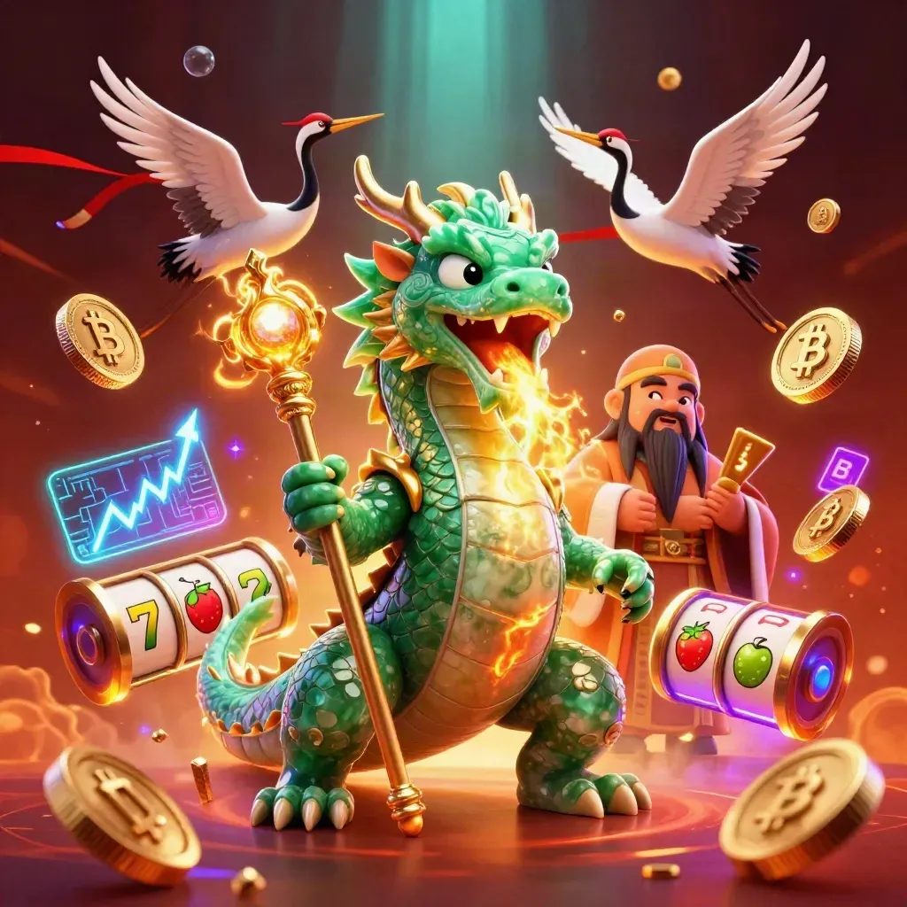 Emerald dragon, turtle sage, and cranes amid casino coins, reels, lightning, and glowing embers