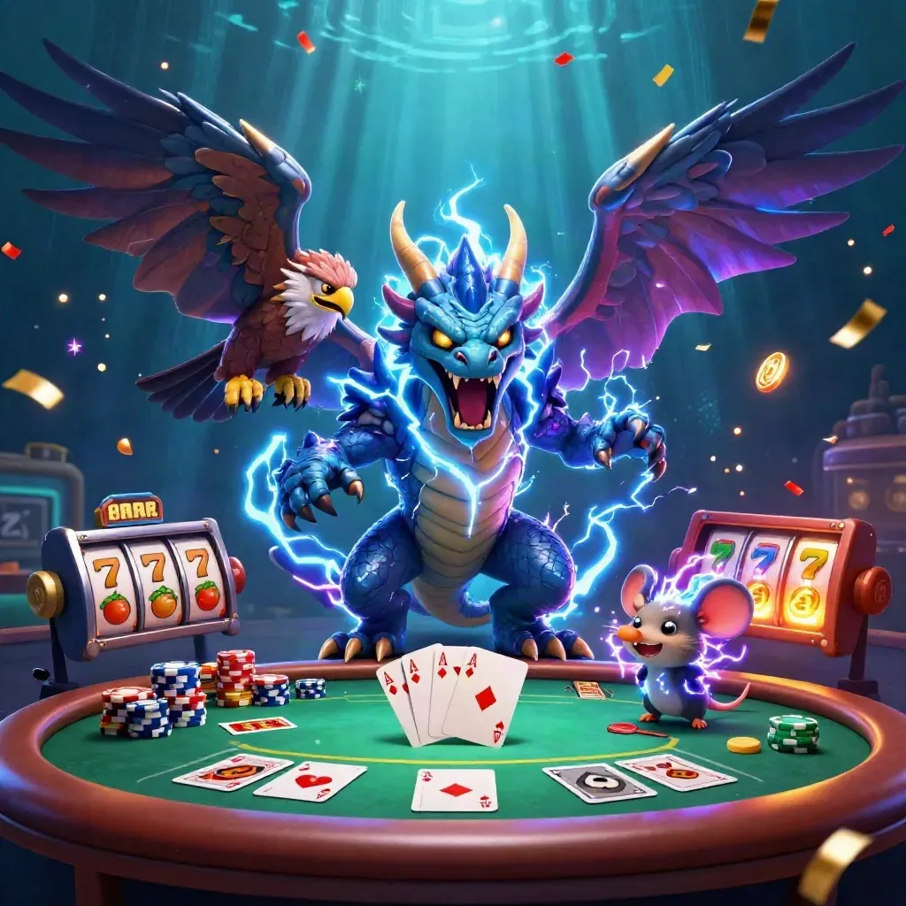 Thunder dragon, wind hawk and static mouse over neon poker chips and slot symbols