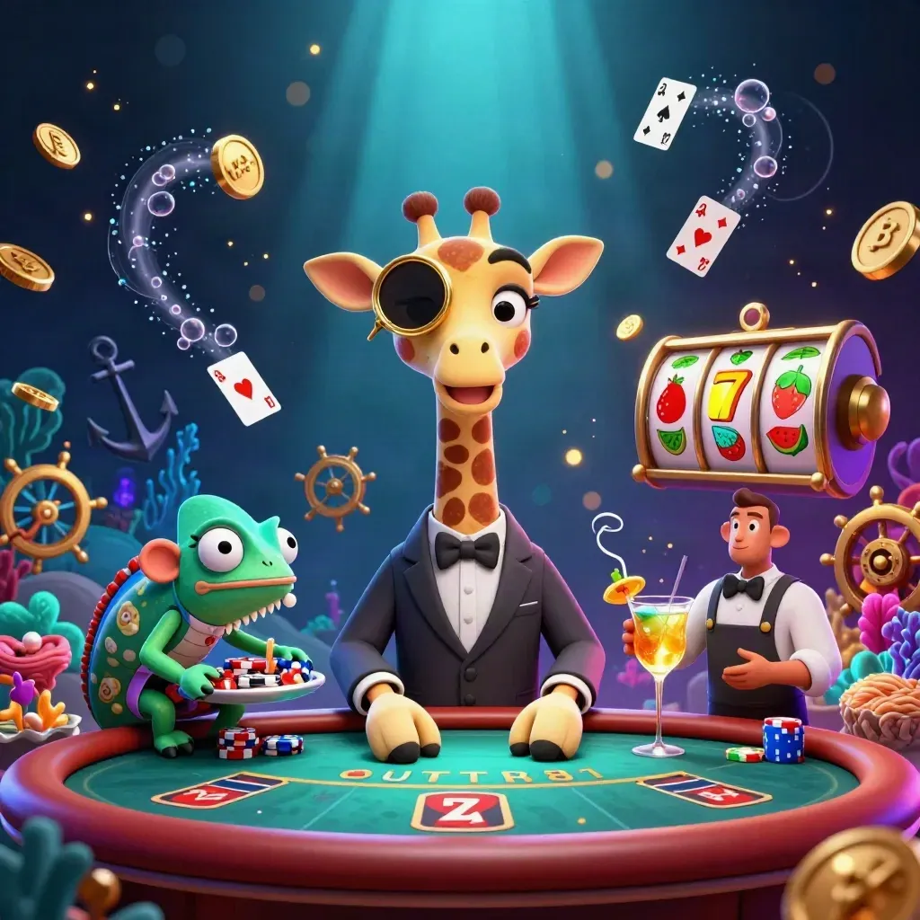 Giraffe, monkey valet, and chameleon bartender in a neon casino cove with gold coins and glowing coral.