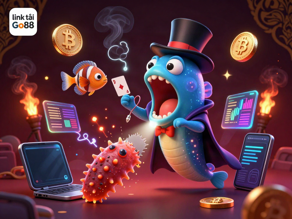 Experience link tải Go88 magic as a gulper eel performs card tricks amidst vibrant crypto elements.