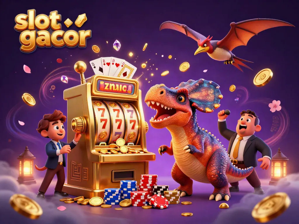 Enjoy thrilling slot gacor action with cartoon dinosaurs in a colorful casino scene.