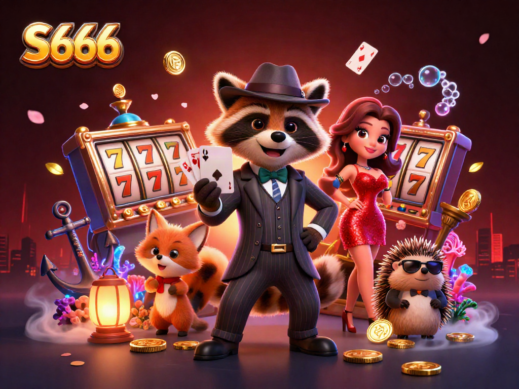 S666 casino illustration featuring a raccoon with a royal flush and vibrant gaming elements.