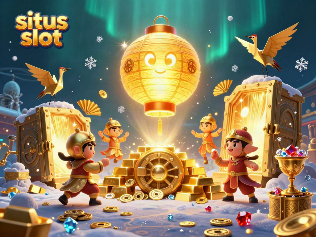 Menggambarkan suasana situs slot dengan lentera emas dan karakter yang beruntung di kasino