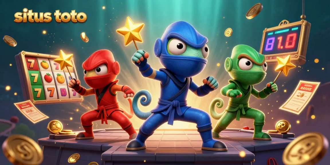 Situs toto menampilkan tim ninja chameleon dalam aksi menyerang, dikelilingi slot dan elemen taruhan berkilau.