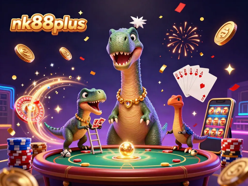 Experience playful fun at nk88plus with a giant brontosaurus and raptor dealer amidst a lively casino scene.
