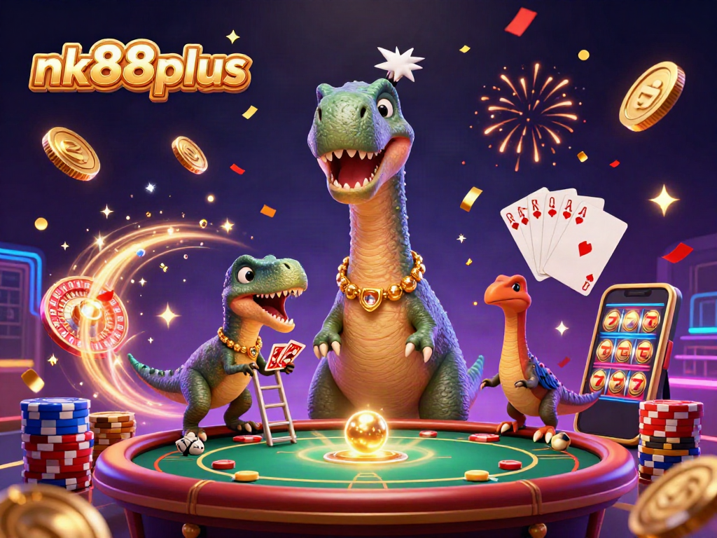 Experience playful fun at nk88plus with a giant brontosaurus and raptor dealer amidst a lively casino scene.