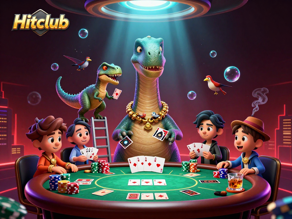 Experience thrilling gameplay at Hitclub with vibrant characters and dynamic poker action in this illustrated casino scene.