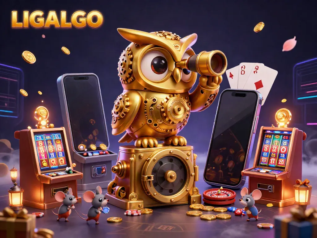 LIGALGO offers vibrant casino action with a 3D clockwork owl and animated slot game elements.
