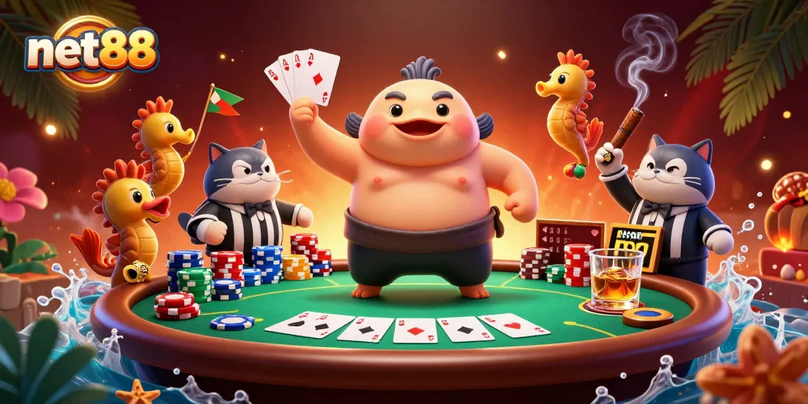 Engage with thrilling poker action at net88 featuring a fugu champion in an underwater casino arena.
