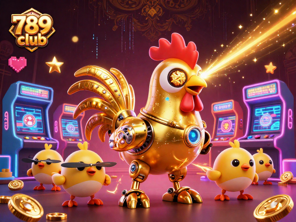 Trải nghiệm sôi động tại 789 club với robot gà vàng và các máy chơi game 3D.