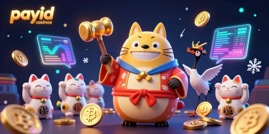 Engage with payid casinos featuring a cheerful tanuki and crane in a vibrant casino scene.
