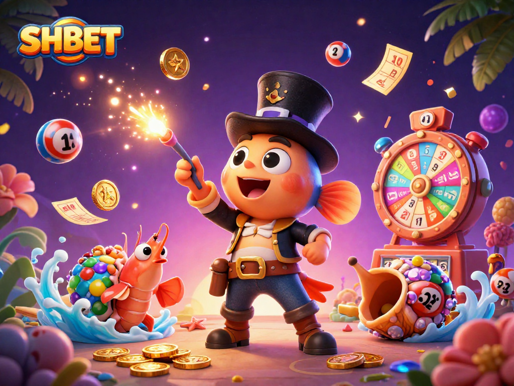 Experience thrilling gaming action with SHBET and vibrant lottery elements featuring energetic sea characters.