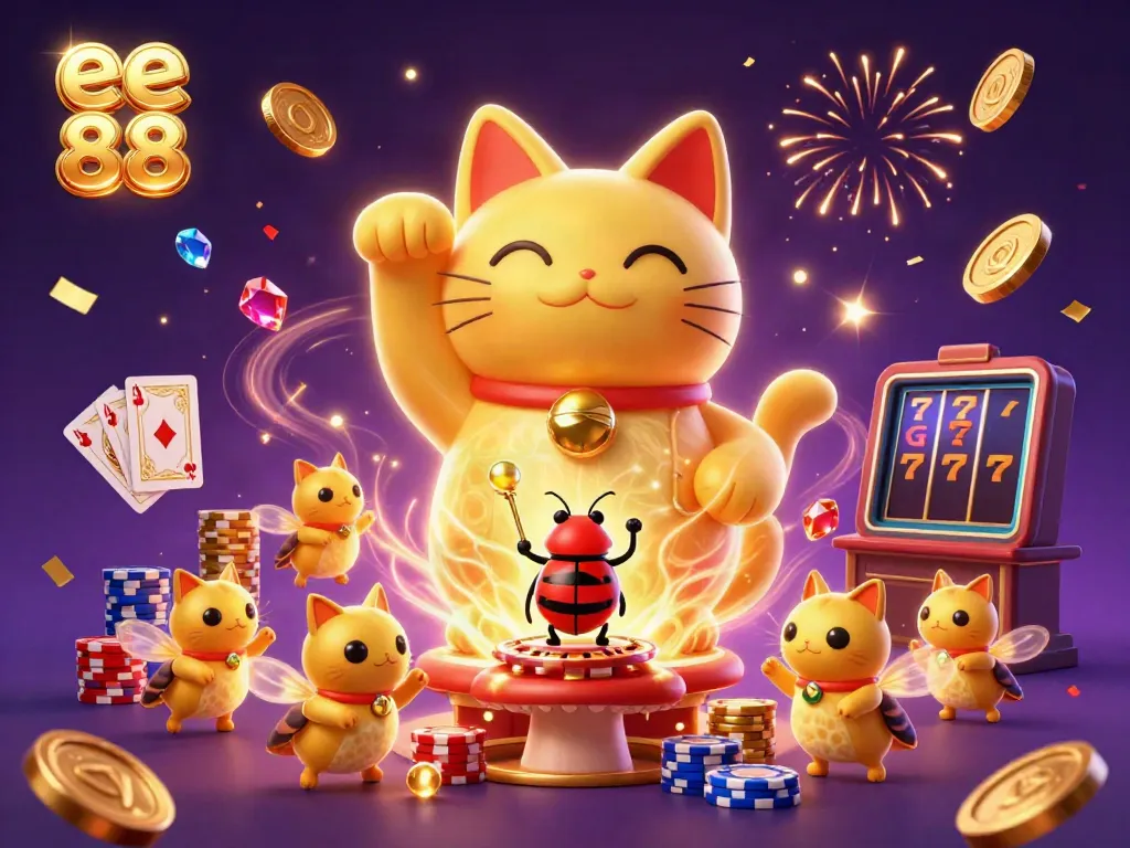 Experience the vibrant world of ee 88 with golden fireflies, lucky cat symbols, and dynamic casino elements.