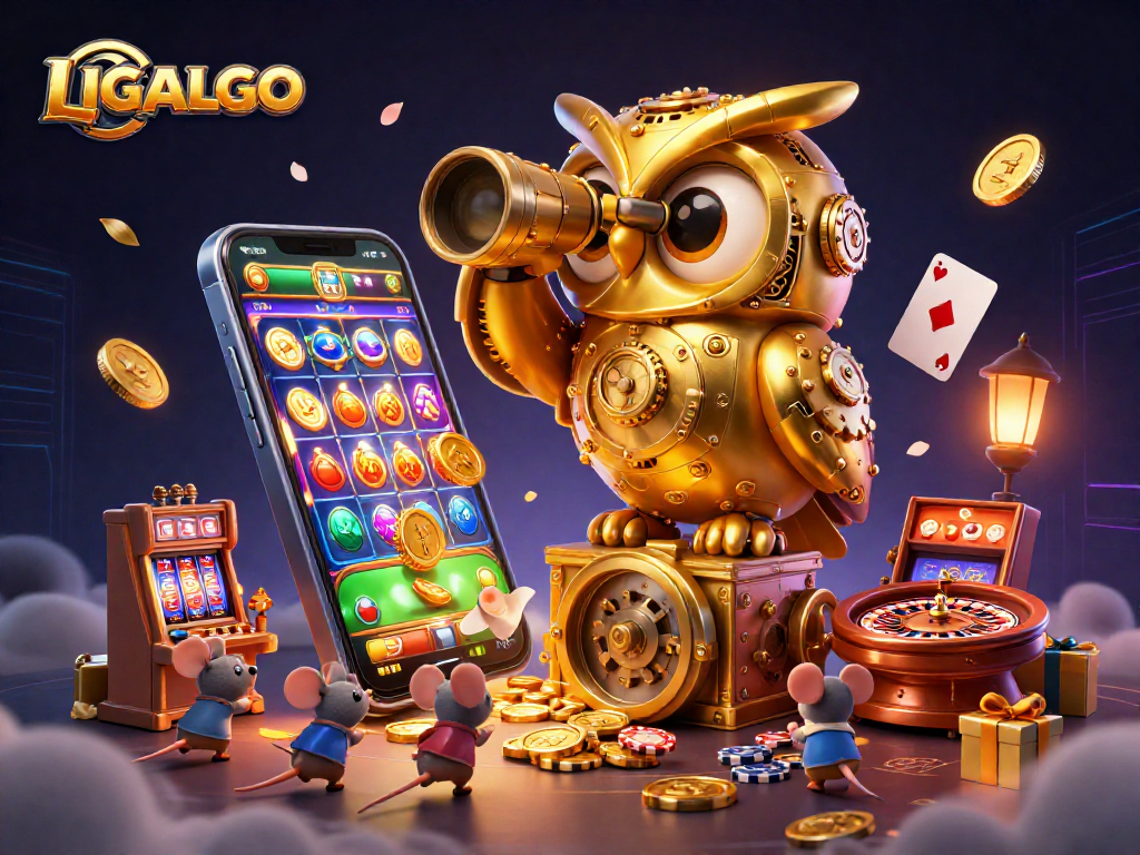 LIGALGO showcases an impressive scene featuring a clockwork owl and tiny mouse patrons enjoying a vibrant casino atmosphere