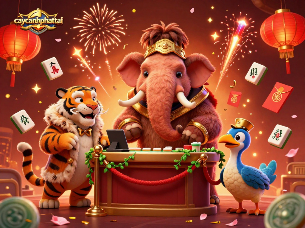 Experience the vibrant scene of caycanhphattai with a 3D mammoth bouncer checking IDs, alongside a saber-tooth tiger VIP in a lucky casino setting.