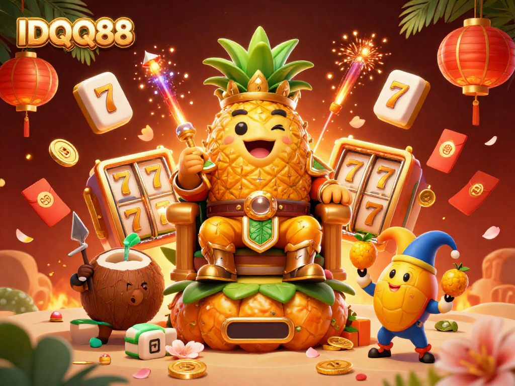IDQQ88 showcases a vibrant beach casino scene with characters and slot elements erupting in excitement.