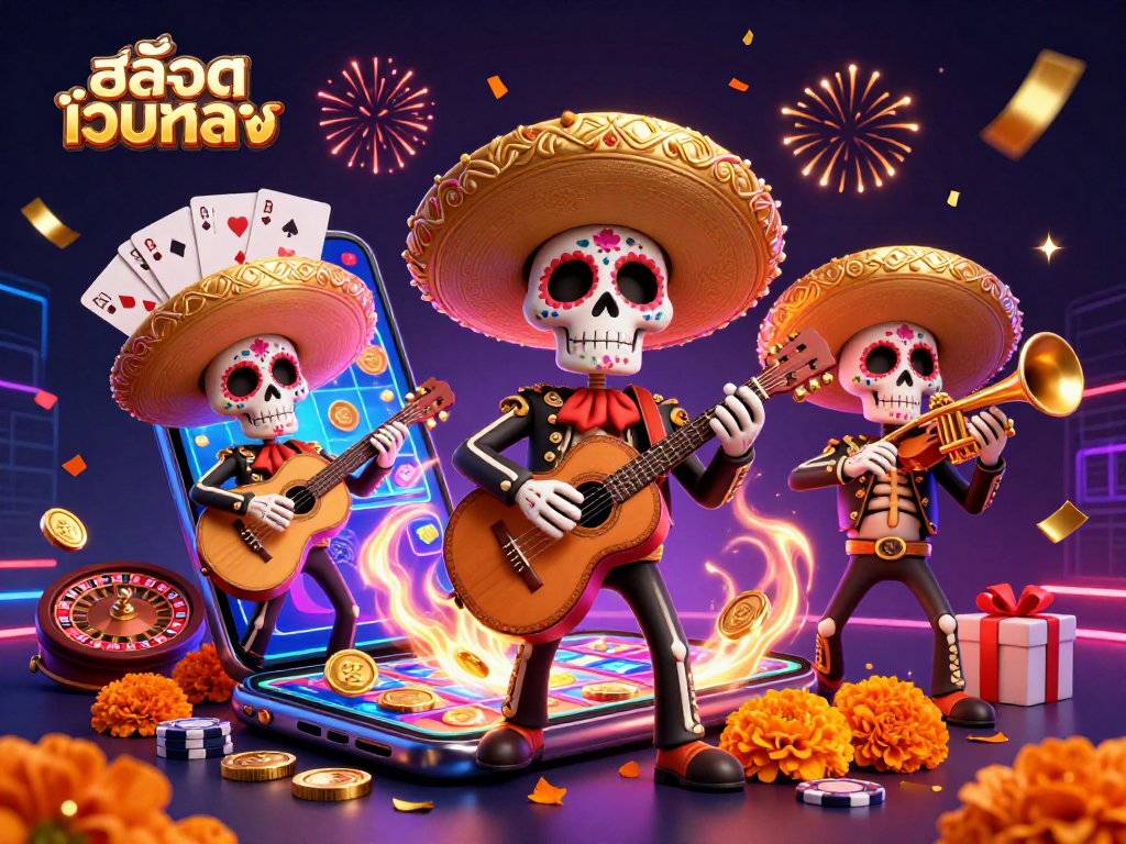 Spin vibrant สล็อตเว็บตรง reels while enjoying a lively mariachi band scene with gold coins erupting.