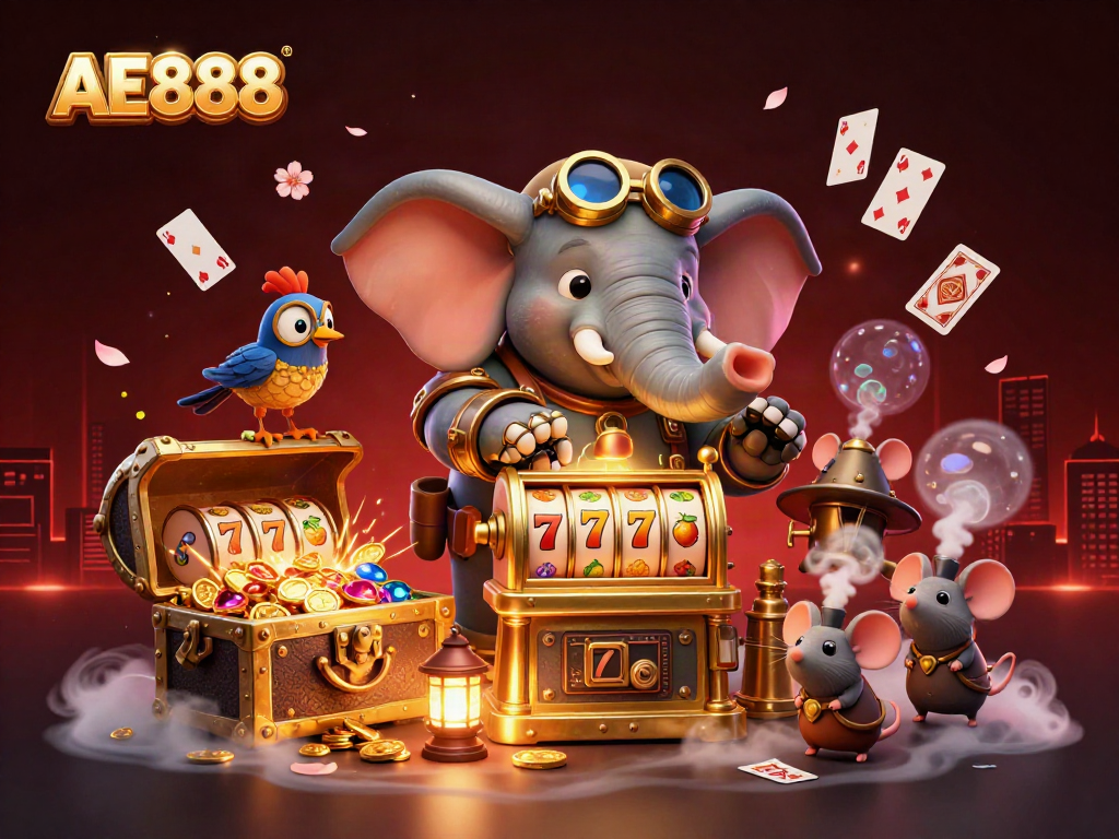 Play at AE888's thrilling slot machine with steampunk animals and vibrant casino elements.