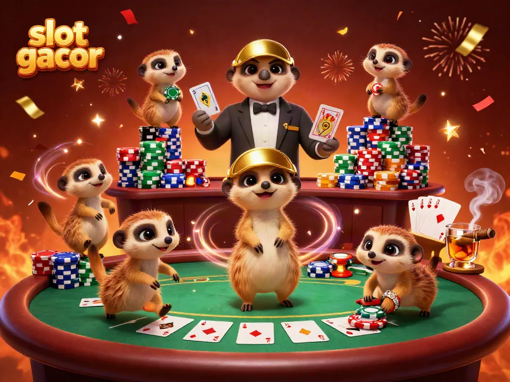 Experience the excitement of slot gacor with a vibrant scene of meerkats in a casino setting, showcasing chips and games.