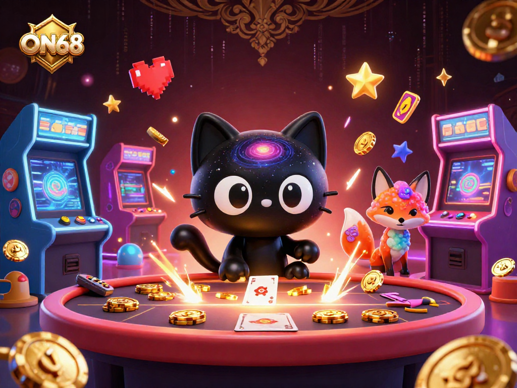 Experience ON68 with a captivating cosmic casino scene featuring a black hole cat and nebula fox pulling in golden chips.