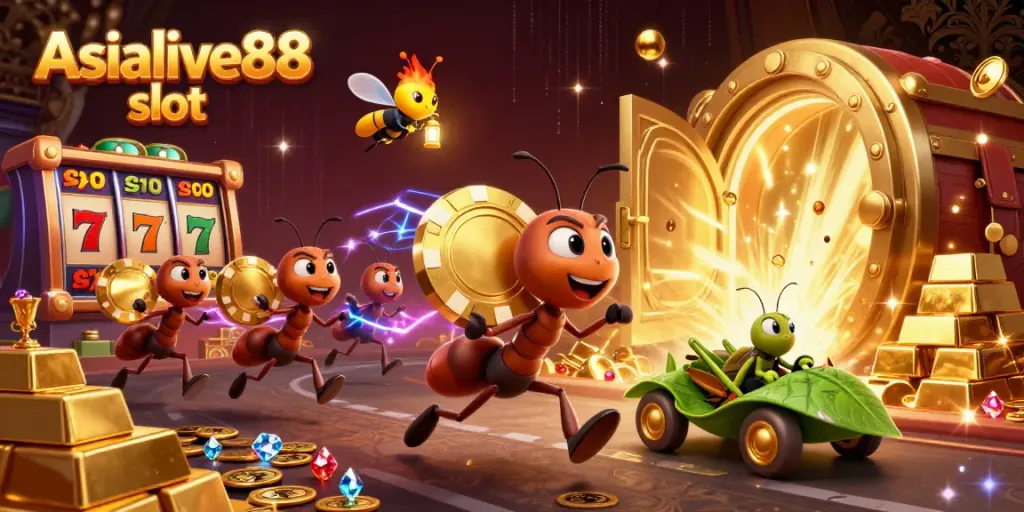 Engaging Asialive88 slot scene with animated ants carrying a giant poker chip amidst dazzling casino elements.