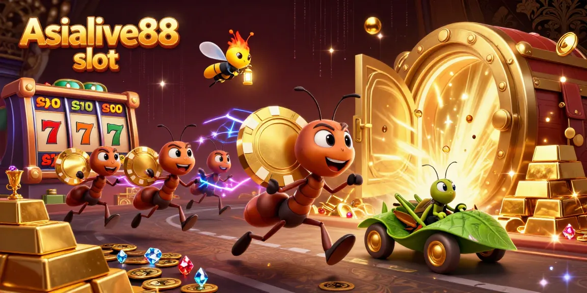 Engaging Asialive88 slot scene with animated ants carrying a giant poker chip amidst dazzling casino elements.
