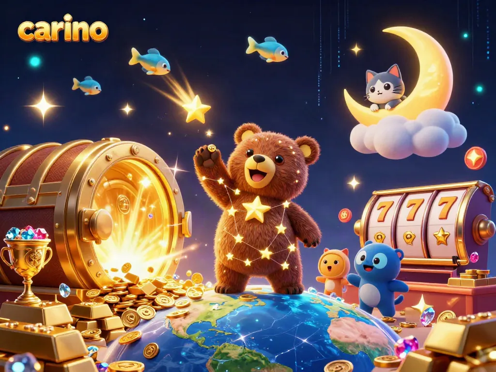 Carino-themed illustration showcasing a celestial bear collecting coins in a dynamic casino scene.