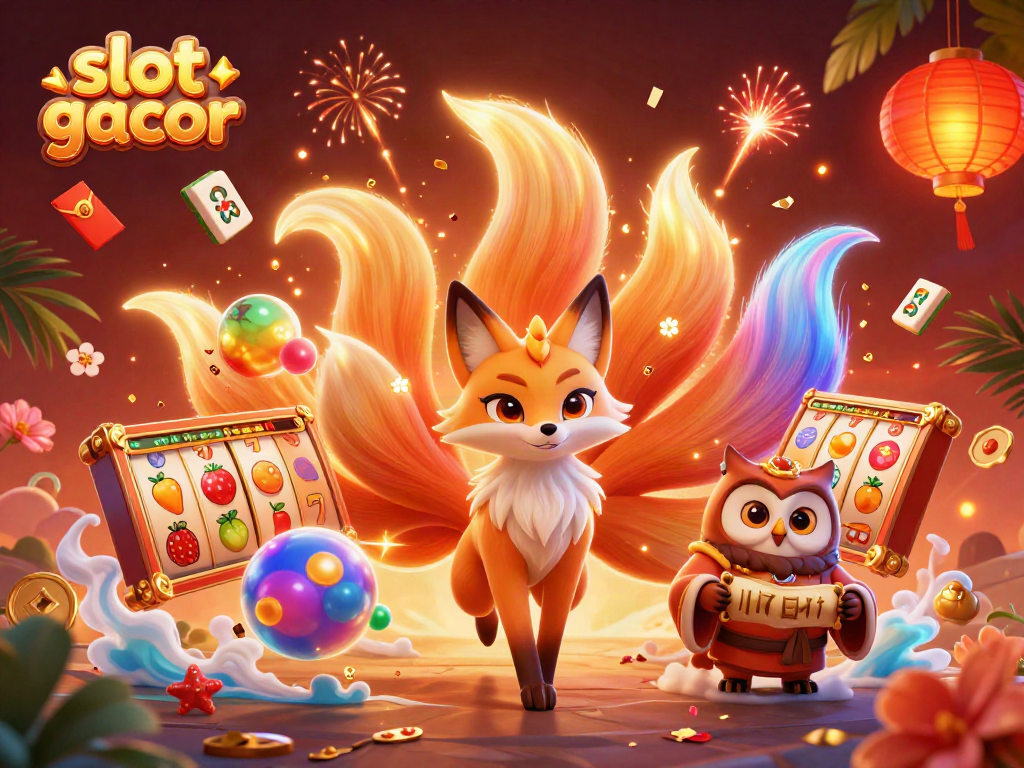 Experience the vibrant energy of slot gacor with a dynamic 3D illustration of thrilling casino elements and enchanting characters.