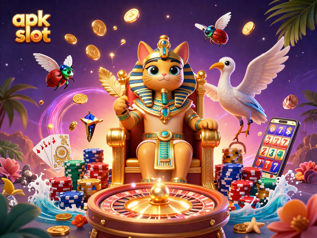 Memainkan apk slot dengan jackpot menakjubkan oleh karakter firaun dan juru tulis, dikelilingi koin emas dan permata.
