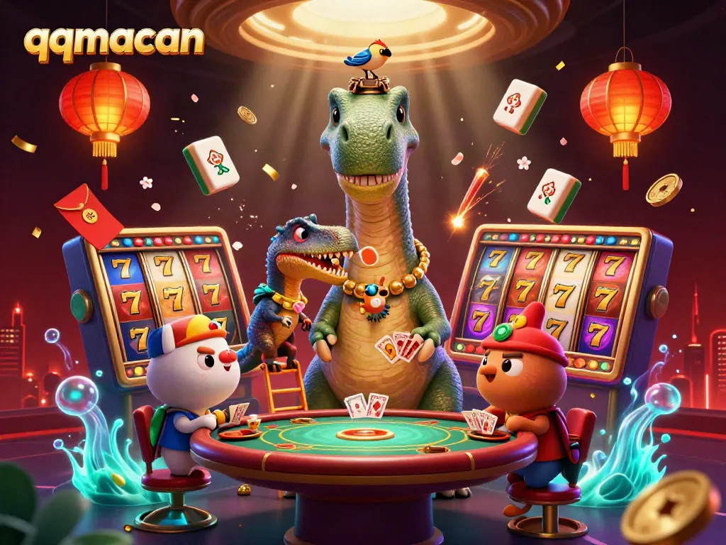Experience thrilling gaming at qqmacan with a towering brontosaurus and raptor dealer amidst vibrant slot machines.